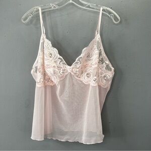 Light Pink Lingerie Top Large Bow Lace Mesh Adjustable Straps XL See Through